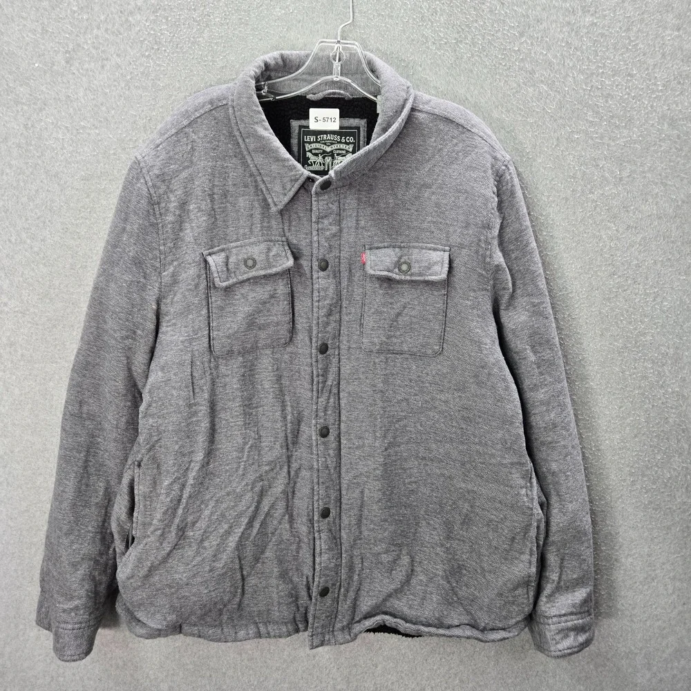 Levi Men Jacket XL Gray Heather Sherpa Lined Shirt Shacket Pockets Collar‎